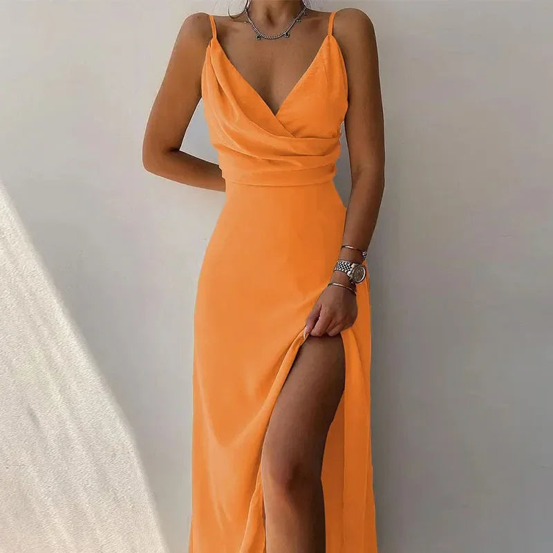Sexy V-Neck Printed Dress with Slit – Sleeveless A-Line Camisole for Elegant Summer Evenings