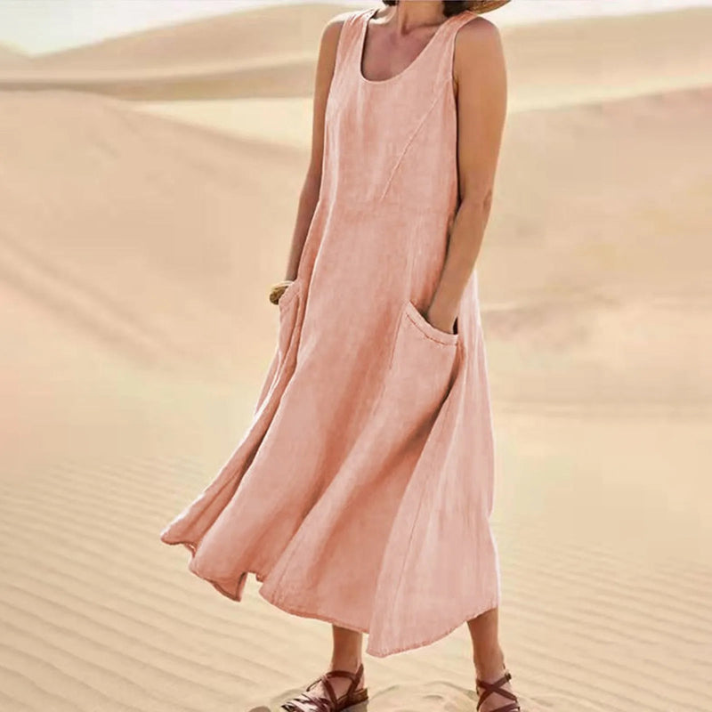 Cotton Linen Long Dress with Pockets – Plus Size Sleeveless Pullover for Effortless Summer Fashion