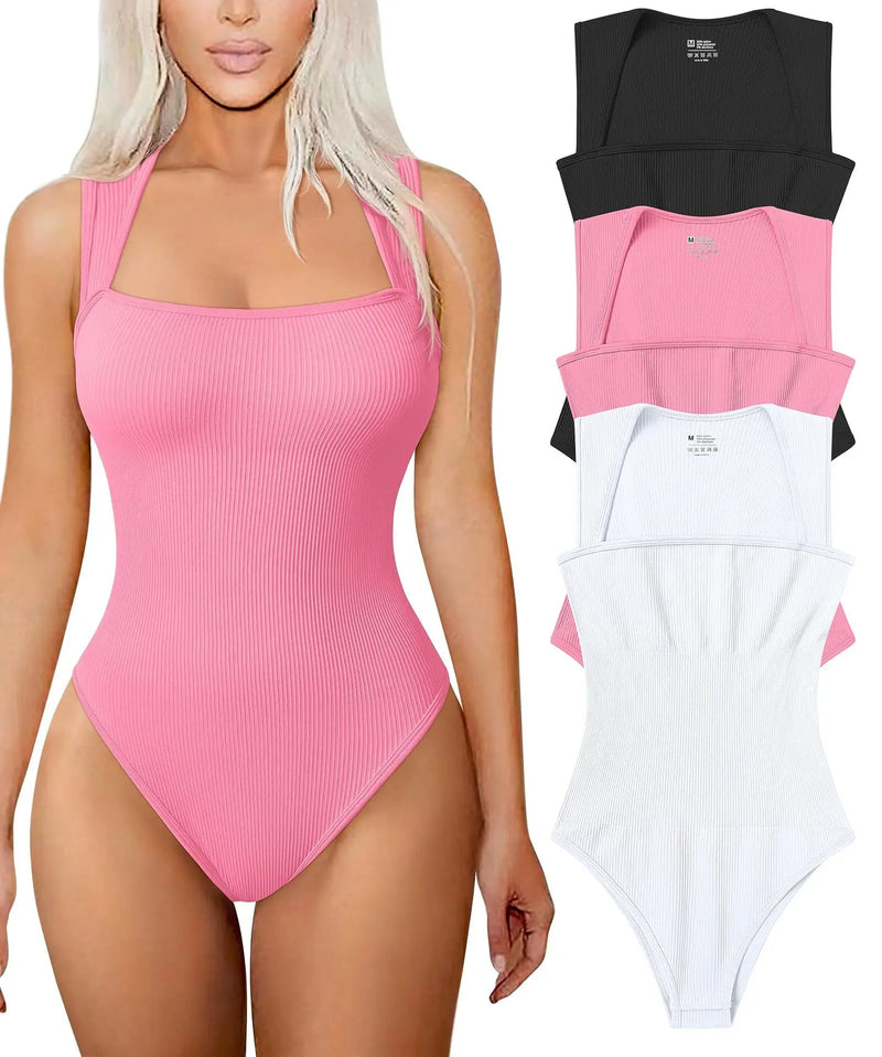 Sleeveless Thread Square Neck Ribbed Jumpsuit – High Elasticity Bodysuit for a Flattering, All-Day Fit