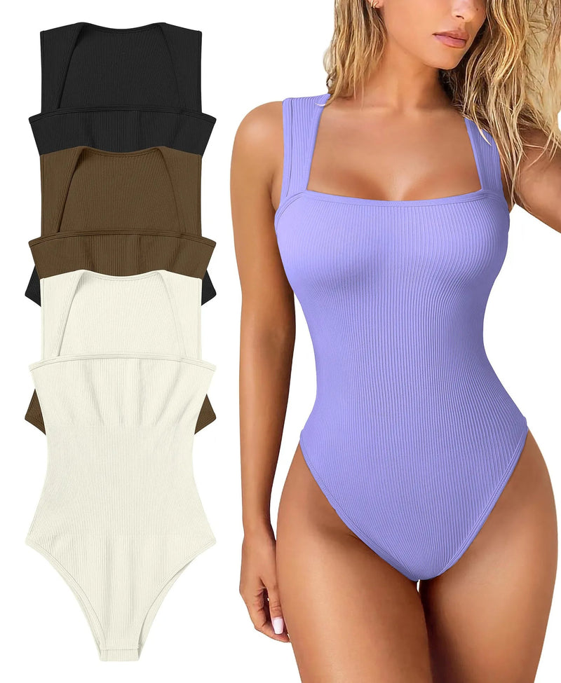 Sleeveless Thread Square Neck Ribbed Jumpsuit – High Elasticity Bodysuit for a Flattering, All-Day Fit