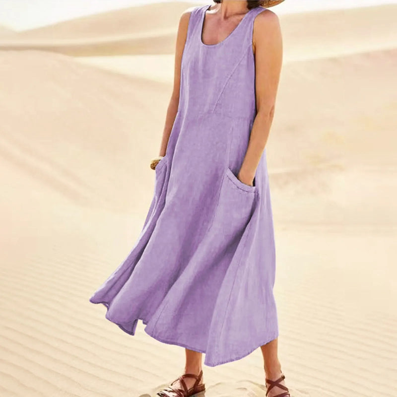 Cotton Linen Long Dress with Pockets – Plus Size Sleeveless Pullover for Effortless Summer Fashion
