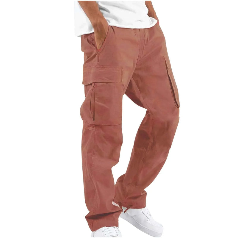 Men's Multi-pocket Cargo Pants – Solid Full-Length Trousers with Drawstring Pockets for Everyday Comfort