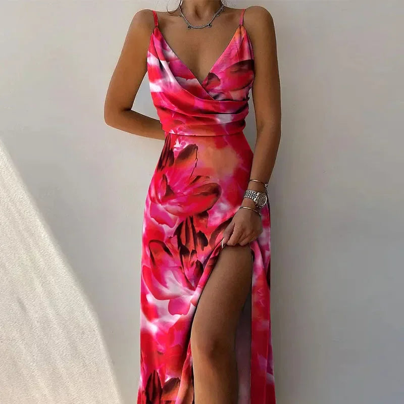Sexy V-Neck Printed Dress with Slit – Sleeveless A-Line Camisole for Elegant Summer Evenings