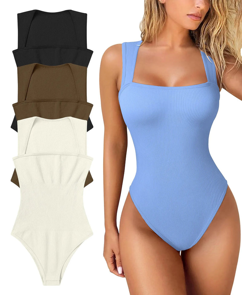 Sleeveless Thread Square Neck Ribbed Jumpsuit – High Elasticity Bodysuit for a Flattering, All-Day Fit