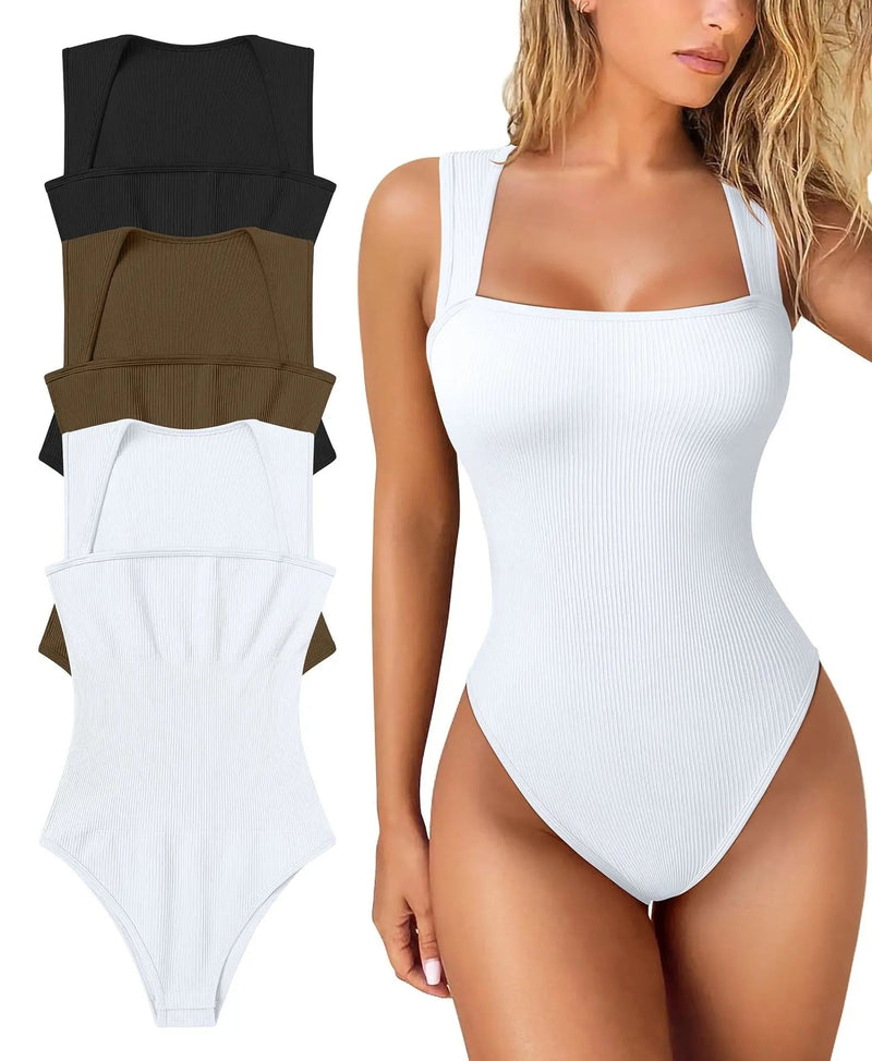 Sleeveless Thread Square Neck Ribbed Jumpsuit – High Elasticity Bodysuit for a Flattering, All-Day Fit