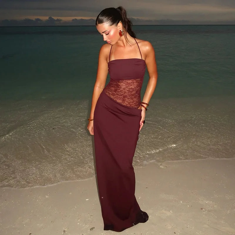 Lace Suspender Patchwork Maxi Dress – Backless Sleeveless Design for a Slim, Elegant Party Silhouette