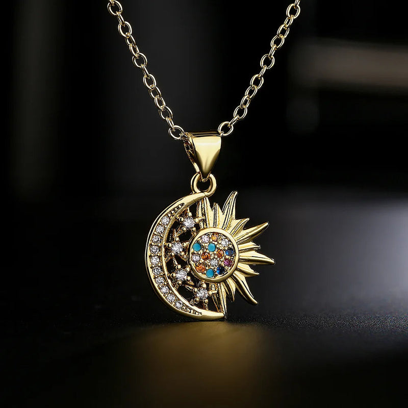 Celestial Elegance Sun & Moon Clavicle Chain Necklace – Stainless Steel Boho Pendant for the Starry-Eyed Dreamer
