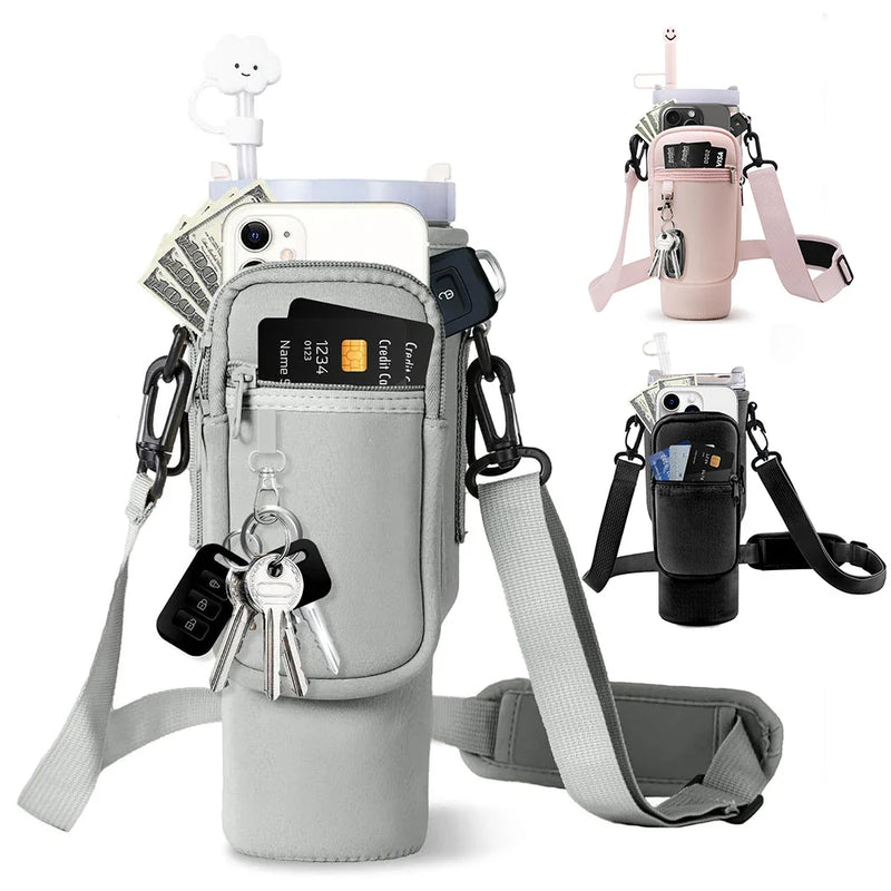 Water Bottle Carrier with Phone Pocket – Adjustable Crossbody Bottle Pouch Keeps Your Drink and Essentials Hands-Free on the Go
