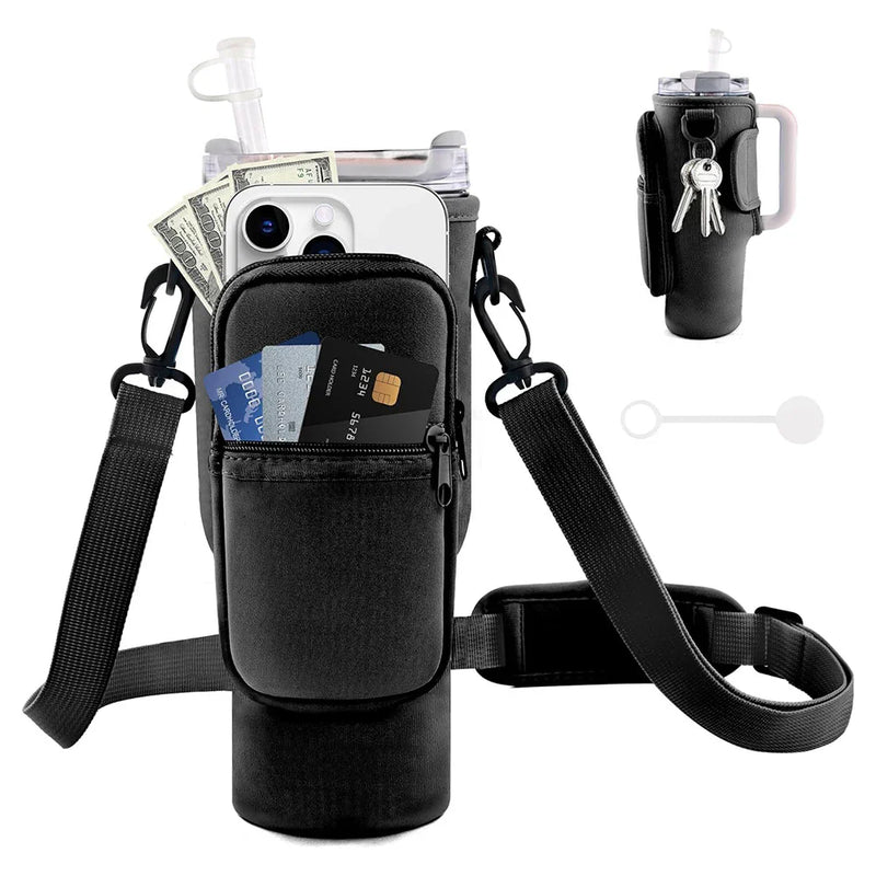 Water Bottle Carrier with Phone Pocket – Adjustable Crossbody Bottle Pouch Keeps Your Drink and Essentials Hands-Free on the Go