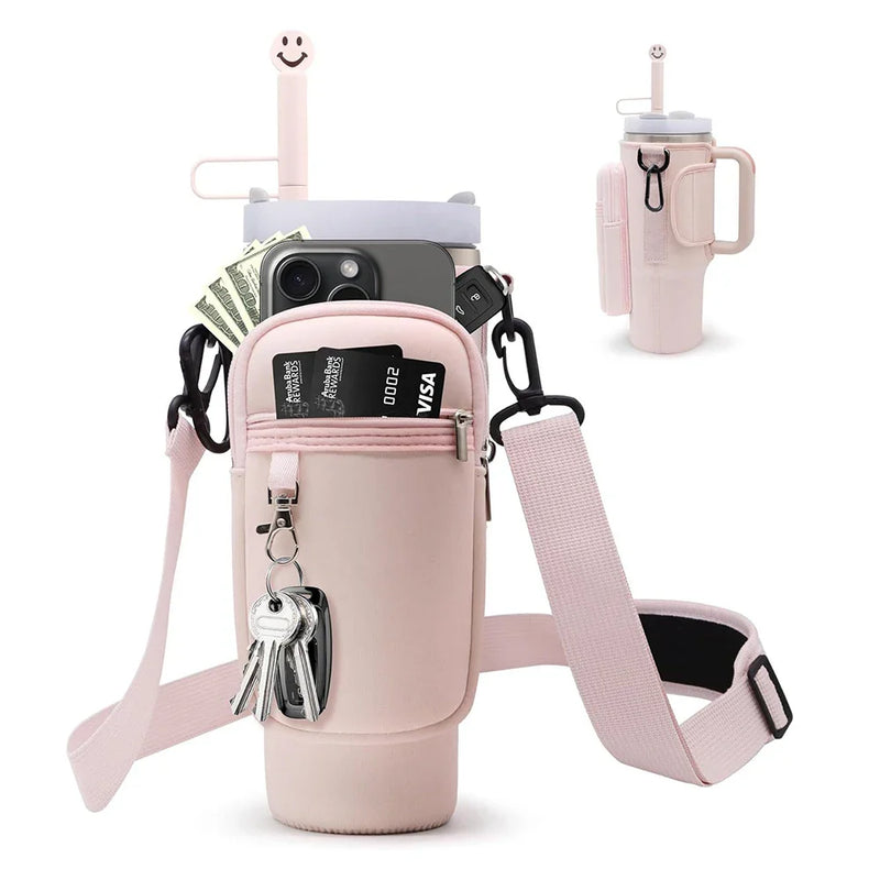 Water Bottle Carrier with Phone Pocket – Adjustable Crossbody Bottle Pouch Keeps Your Drink and Essentials Hands-Free on the Go