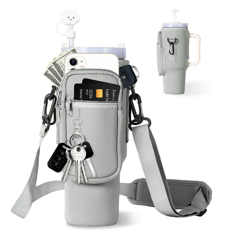 Water Bottle Carrier with Phone Pocket – Adjustable Crossbody Bottle Pouch Keeps Your Drink and Essentials Hands-Free on the Go
