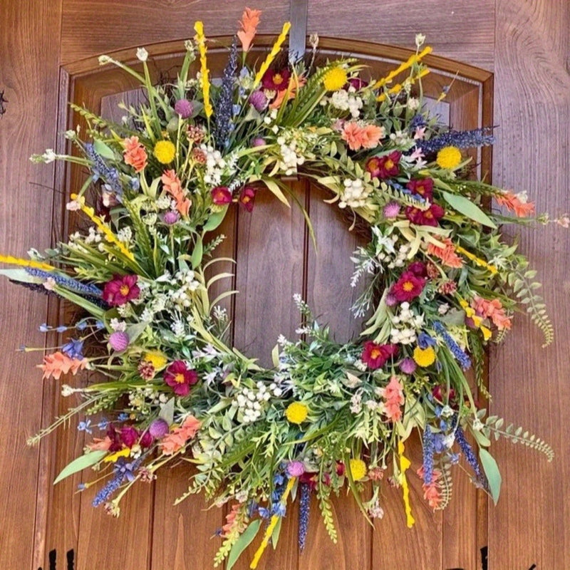 Spring & Summer Wildflower Wreath – Artificial Ranunculus Flower Front Door Decoration with Eternal Blooms and Fresh Green Botanical Accents