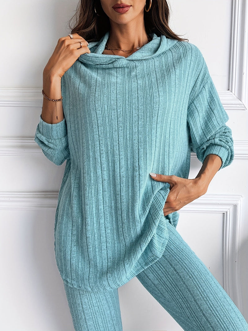 Women's Casual Ribbed Two-Piece Lounge Set – Hooded Long Sleeve Top & Fitted Pants for Relaxed Daily Wear or Travel Outfits