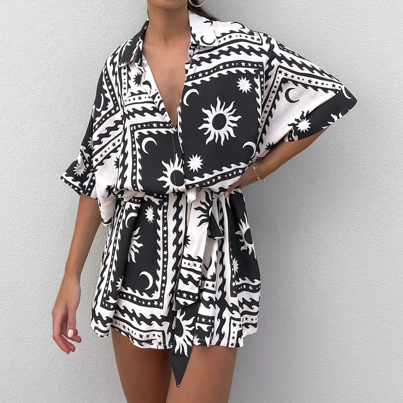 Boho Floral Romper Shorts – Oversized Button-Down Jumpsuit for Effortless Vacation Vibes