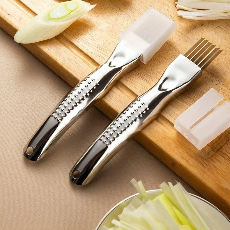 Curved Handle Scallion Slicer – 304 Stainless Steel Onion Knife for Effortless Vegetable Shredding and Fast Kitchen Preparation