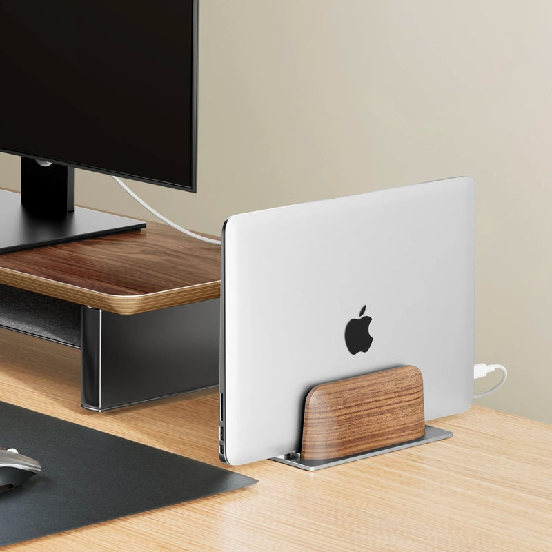 Vertical Laptop Stand – Premium Aluminum & Black Walnut Holder for MacBook, Dell, HP, Samsung & Surface, Elegant Desk Organizer