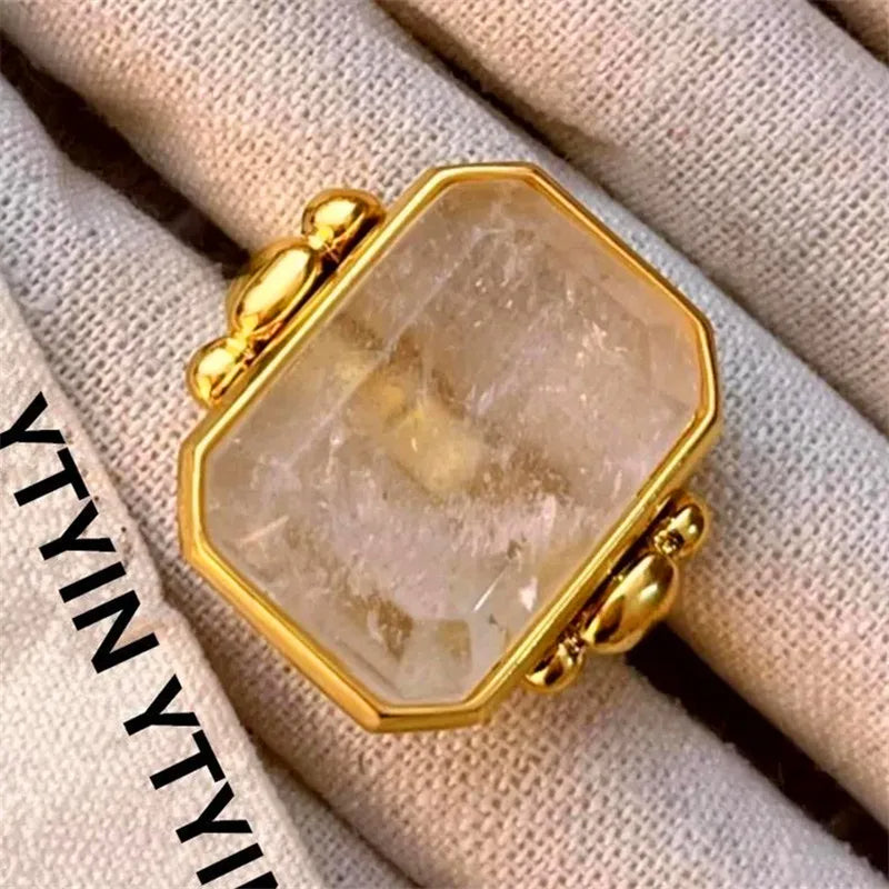 Fashion Square Natural Stone Crystal Ring - 2024 Gold-Plated Brass Jewelry for Women, Light Luxury European and American Style