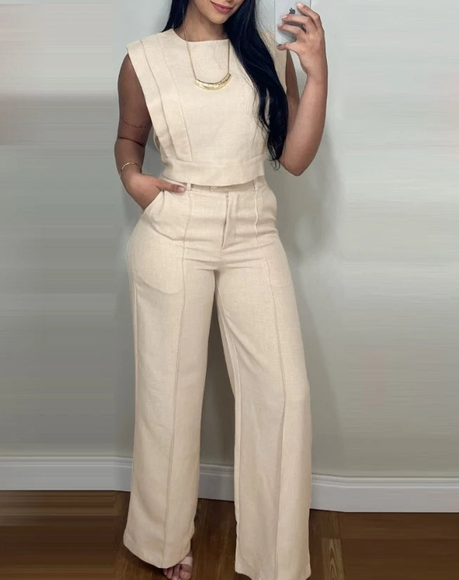 Chic Two-Piece Summer Round Neck Vest Top Tracksuit – Cap Sleeve Crop Top & High-Waist Pocket Pants Lounge Set