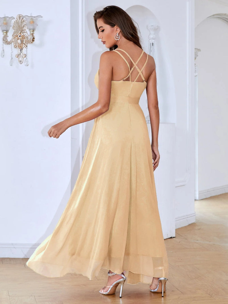 Unithorse Solid Criss Cross Belted Chiffon Dress – Elegant Flowy V-Neck Fit for Chic Summer Days and Effortless Style