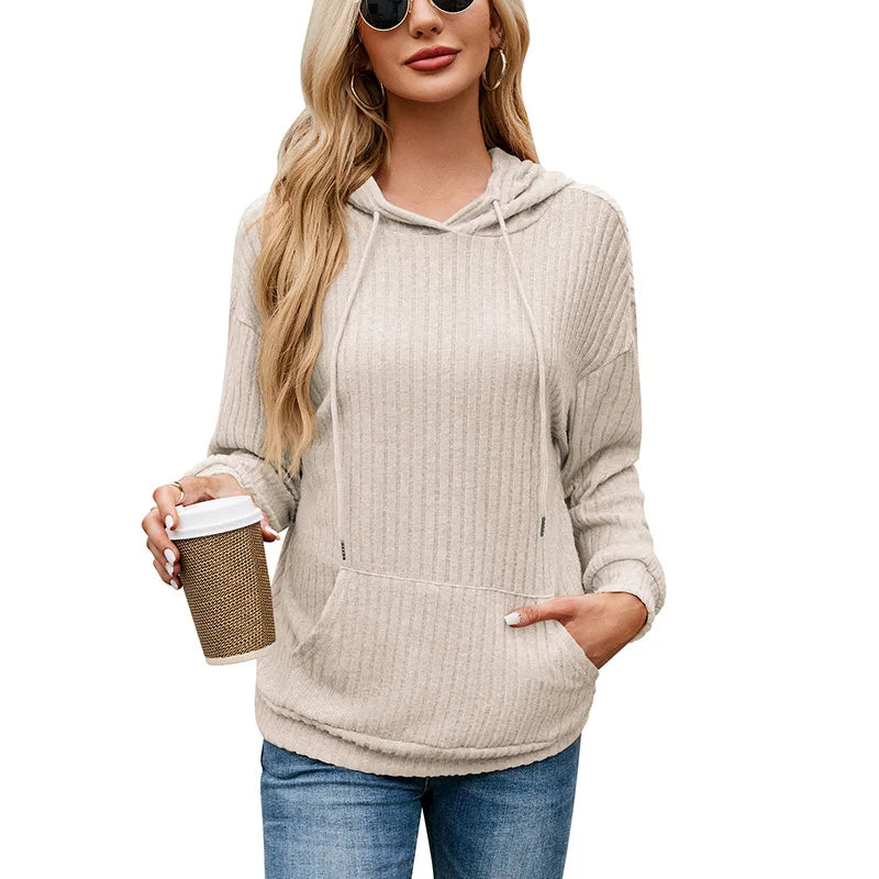 Hooded Groove Stripe Knitted Sweater – Cozy Women's Pullover with Kangaroo Pocket for Casual Winter Chic