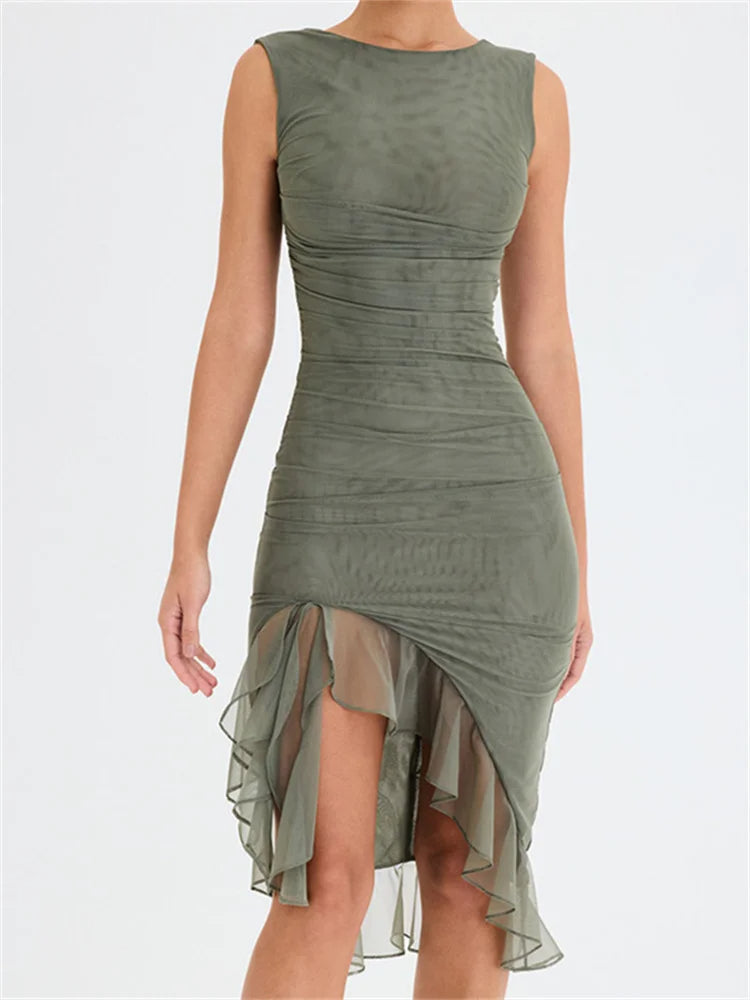 Sleeveless Tulle Ruffle Bodycon Dress – Sleeveless Retro Chic Midi for a Sultry Summer Look