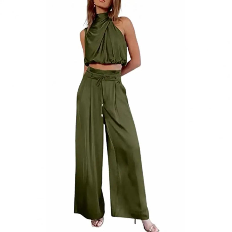 Silky Pleated Two-Piece Set – Sleeveless Top & Wide-Leg Pants for Effortless Elegance