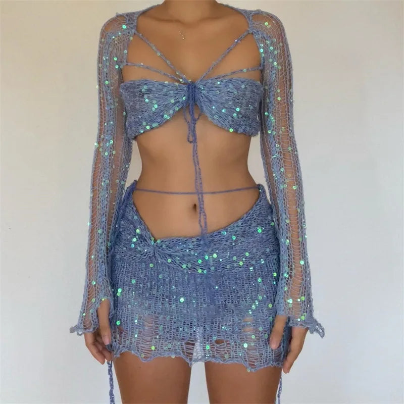 Women Knitted Sequin Crop Top & Midi Skirt Set – Summer Beach Matching 2 Piece Outfit for Bold Women’s Style