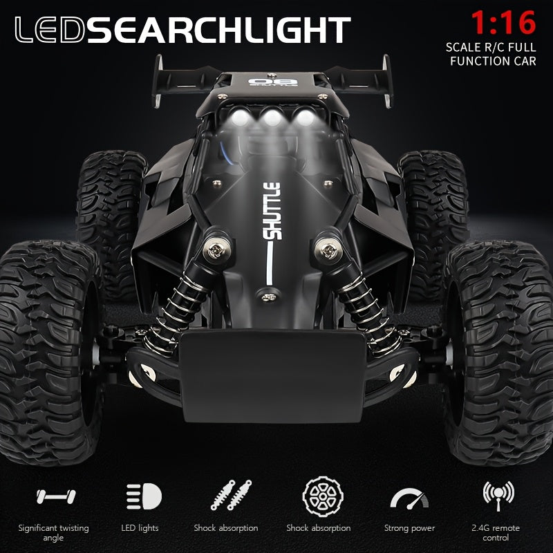 1:16 Scale Off-Road RC Buggy, 2.4GHz Remote Control, Rechargeable 500mAh Lithium Battery, 20KM/H, with LED Lights, USB Charging, Anti-Collision, for Ages 14+