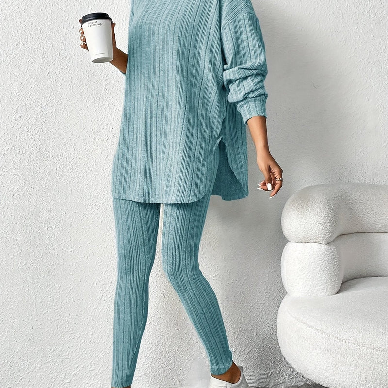 Women's Casual Ribbed Two-Piece Lounge Set – Hooded Long Sleeve Top & Fitted Pants for Relaxed Daily Wear or Travel Outfits