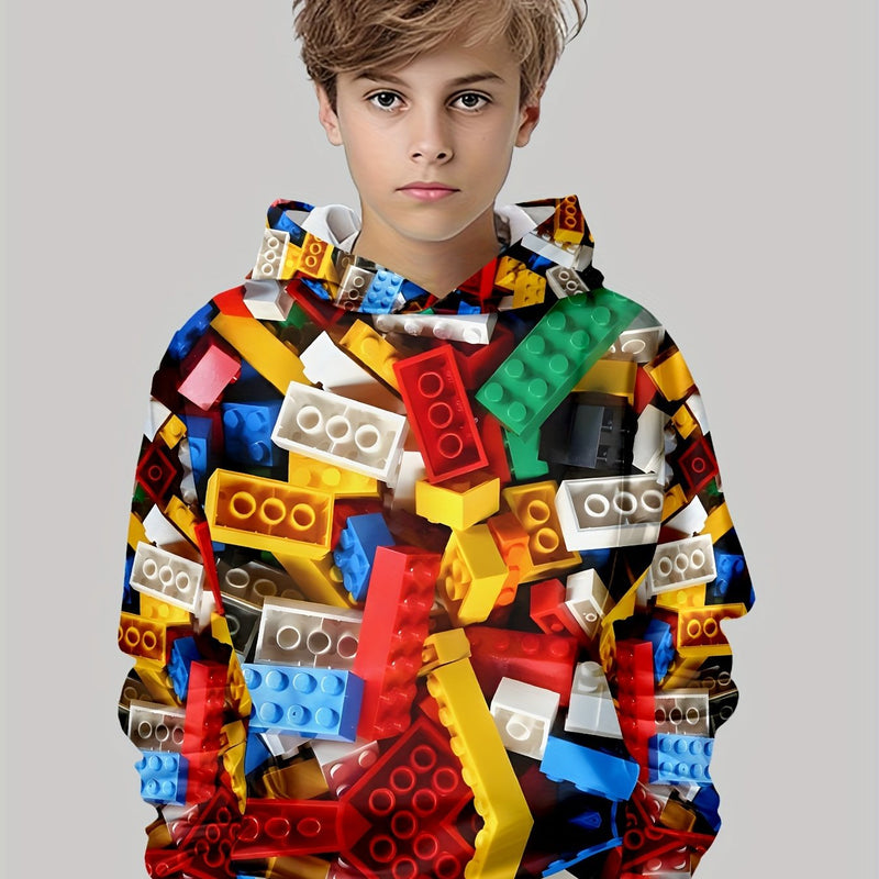 Building Block Print Hoodie for Boys – 3D Stylish Fall/Winter Pullover with Long Sleeves & Hood for Casual Everyday Adventures