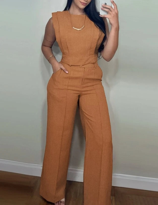 Chic Two-Piece Summer Round Neck Vest Top Tracksuit – Cap Sleeve Crop Top & High-Waist Pocket Pants Lounge Set