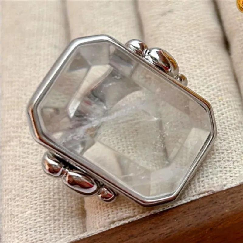 Fashion Square Natural Stone Crystal Ring - 2024 Gold-Plated Brass Jewelry for Women, Light Luxury European and American Style