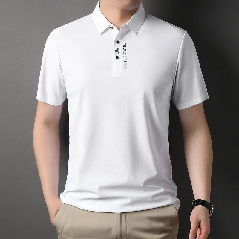 Men’s Ice Silk Embroidered Polo Shirt – Business Casual Stretchable Lapel Shirt for Trendy Summer Style