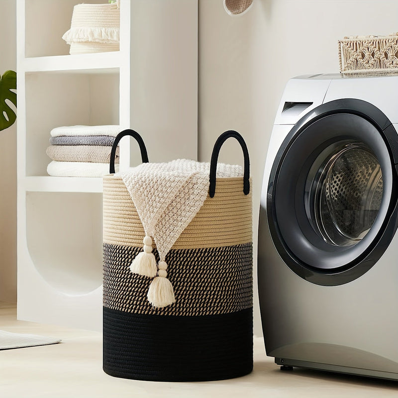 Woven Tall Rope Laundry Hamper – Large 15x20 Inch Dirty Clothes Basket with Handles for Stylish Home or Toy Storage Solution