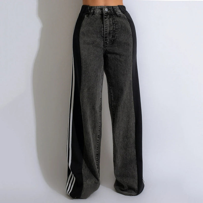 Streetwear Wide-Leg Denim Trousers – Summer High Waist Elastic Color Block Three-Stripe Straight Patchwork Pants