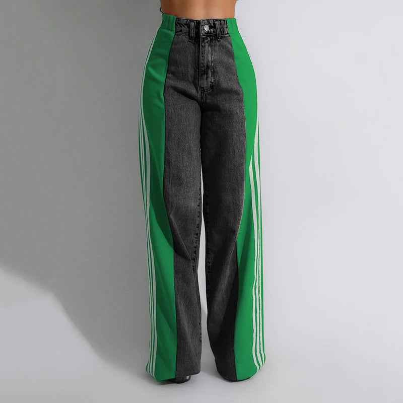 Streetwear Wide-Leg Denim Trousers – Summer High Waist Elastic Color Block Three-Stripe Straight Patchwork Pants