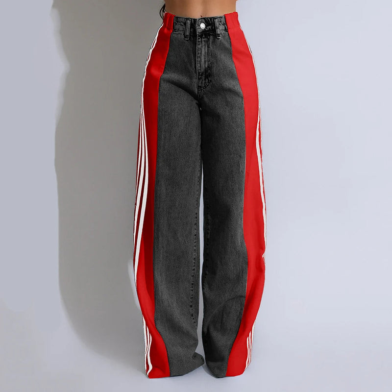 Streetwear Wide-Leg Denim Trousers – Summer High Waist Elastic Color Block Three-Stripe Straight Patchwork Pants