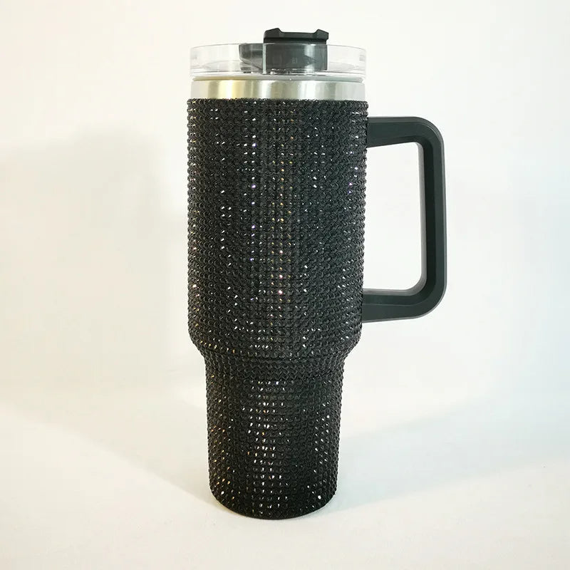 Diamond Thermos Cup with Handle – 40oz Stainless Steel Vacuum Bottle for Hot and Cold Beverages