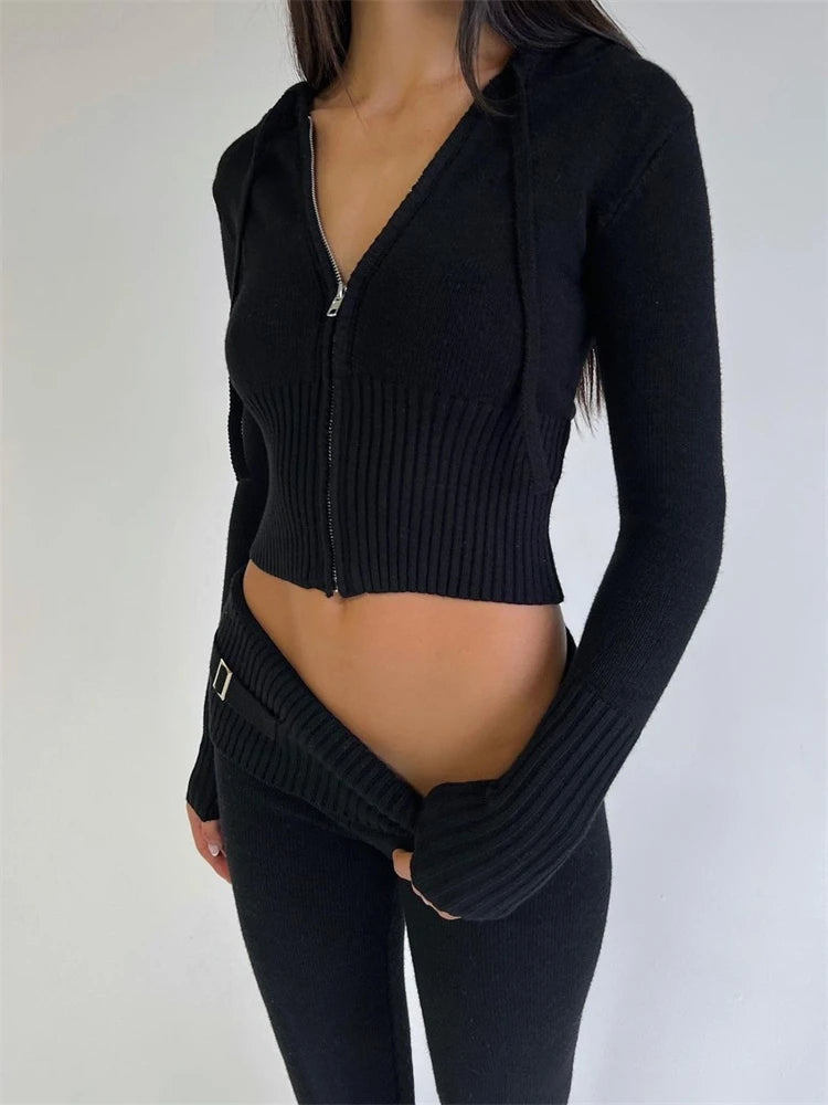 Trendy Knit Tracksuit – Cropped Hoodie & Trousers Set for Chic Comfort & Style