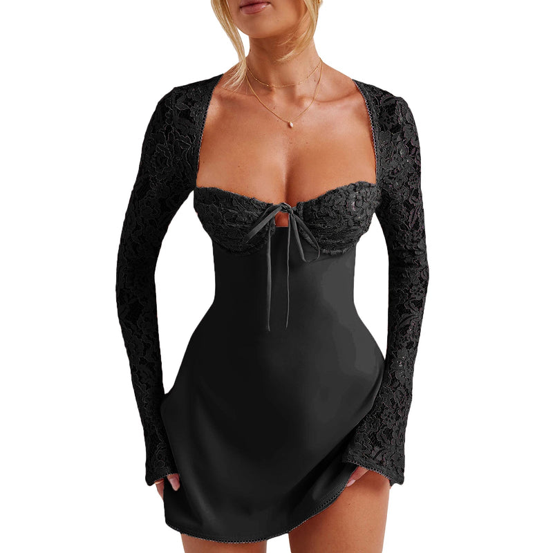 Lace Corset Mini Dress with Long Sleeves – Tie-Up Backless A-Line Stunner for Cocktail & Party Nights