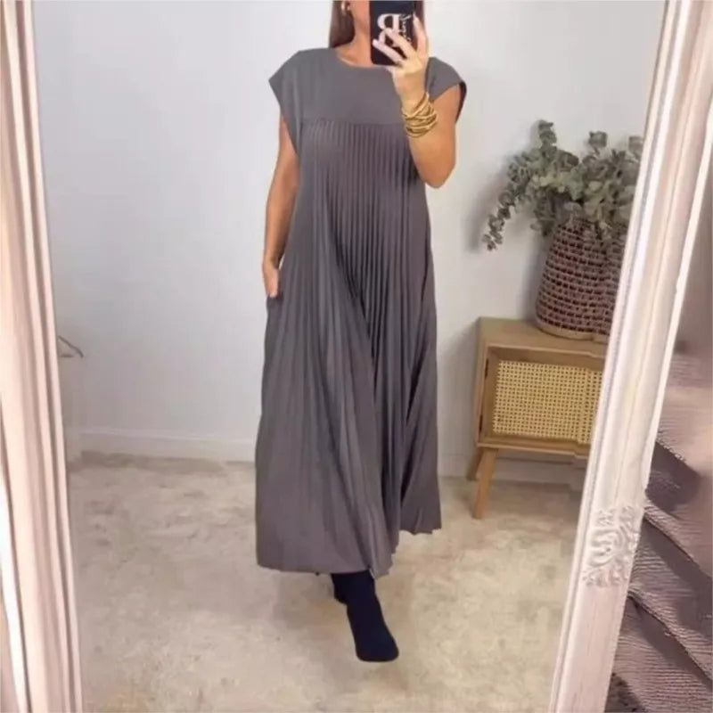 Summer Short Sleeve Pleated Maxi Dress – Loose Pleated Solid Color Long Dress with High Waist & Round Neck