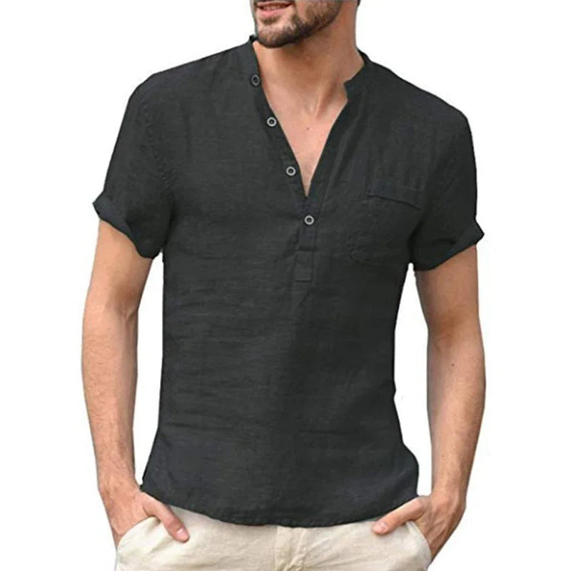 Casual Men's Linen Shirt – Short Sleeve 3-Button V-Neck Top with Pocket for Everyday Summer Style