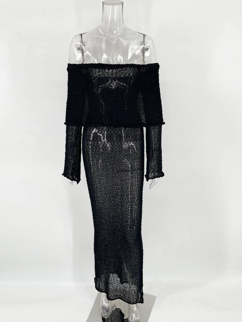 Off-Shoulder Knit Maxi Long Dress – Hollow-Out See-Through Cover-Up for Beach, Holiday, & Party Glam