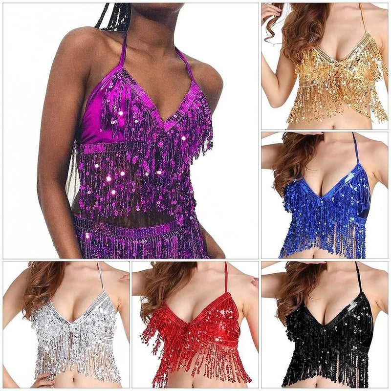 Belly Dance Sequin Fringe Halter Bra – Sparkle in Every Movement with This Show-Stopping Nightclub Performance Dancewear Top