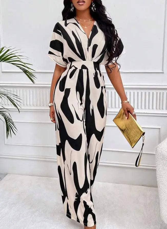 Printed Surplice V-Neck Jumpsuit – Bat Sleeve Wide-Leg Design with Waist Tie for Office Elegance