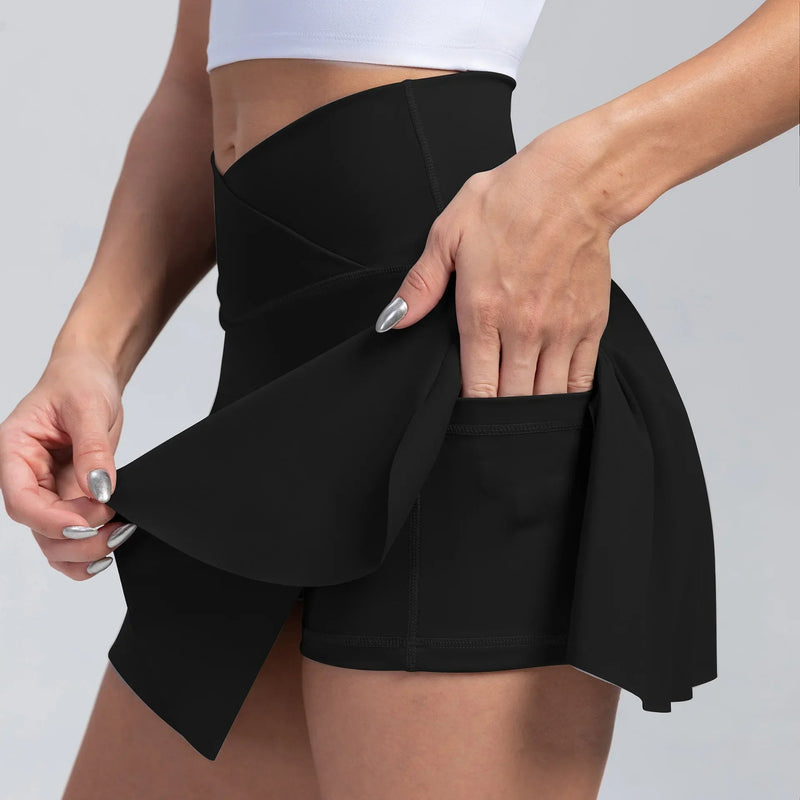 High Waist Overlap Tennis Skirt Shorts - 2-in-1  Outdoor Activewear with Pocket for Women