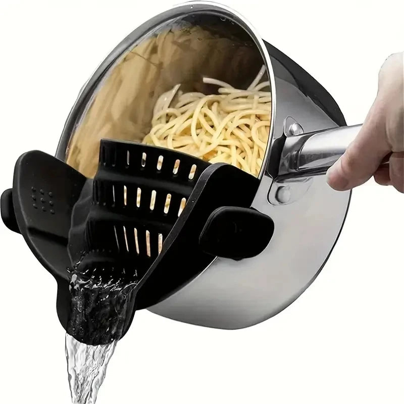 Smart Clip-On Silicone Pot Strainer – Adjustable Kitchen Drainer for Pasta, Veggies, Bowls & Pans Without Spills