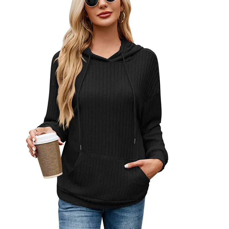 Hooded Groove Stripe Knitted Sweater – Cozy Women's Pullover with Kangaroo Pocket for Casual Winter Chic