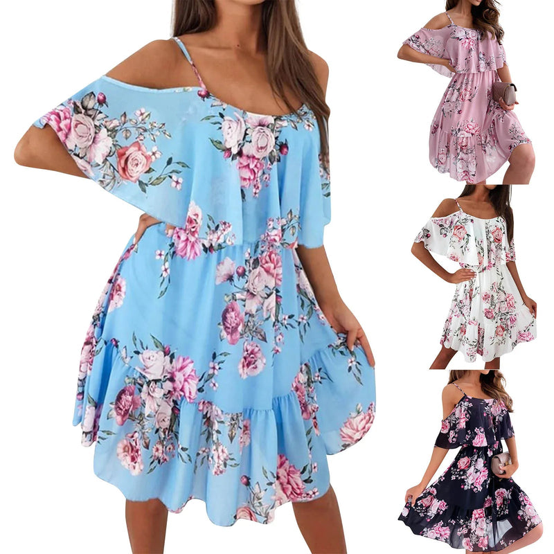 Ruffled Chiffon Summer Dress – Flower Printed, Shoulder Strap Style with European-Inspired Sexy Vibes for 2024 Chic