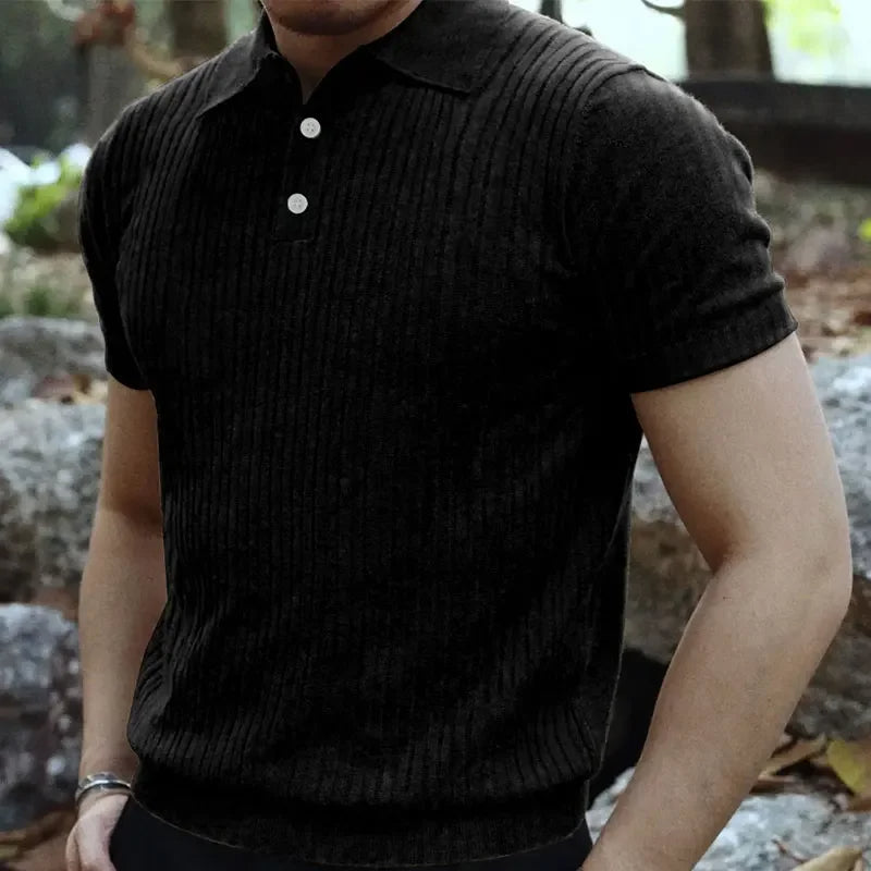 Men’s Woven Knit Polo Shirt – Business Casual Striped Lapel T-Shirt for Comfortable Summer Wear